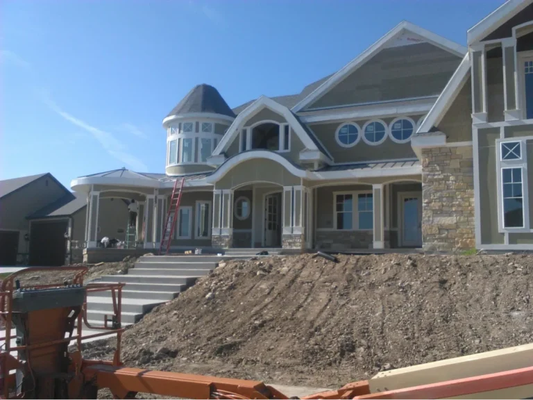 Exterior view of a house with intricate roof