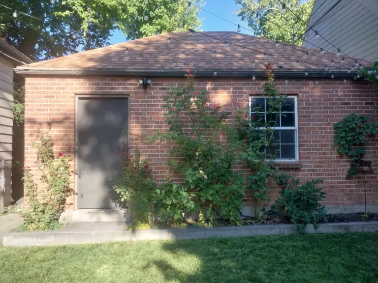 Side view of a house with ivy climbing the walls