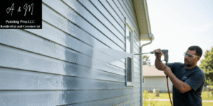 Man pressure washing gray house siding.