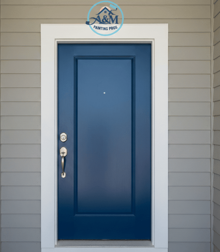 Blue front door with square windows